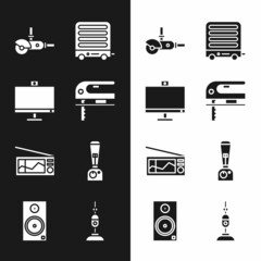 Set Electric jigsaw, Computer monitor, Angle grinder, heater, Radio and Blender icon. Vector