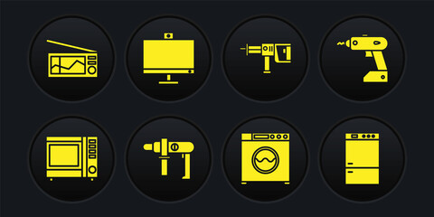 Set Microwave oven, Electric cordless screwdriver, drill machine, Washer, Rotary hammer and Computer monitor icon. Vector