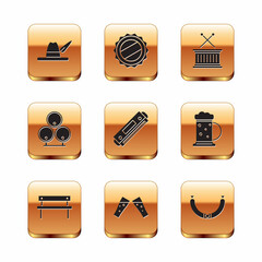 Set Oktoberfest hat, Bench, Glass of beer, Harmonica, Wooden barrels, Musical drum and sticks, Sausage and Bottle cap icon. Vector