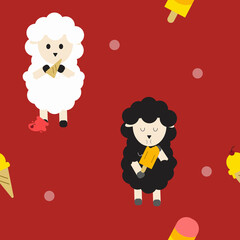 white sheep and black sheep are eating ice cream fabric seamless cute pattern