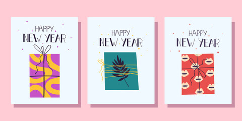 Set of New Year's cards with gifts. Vector illustration in cartoon style.