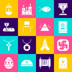 Set Tombstone with RIP written, Jainism, Jewish torah book, Christian fish, Orthodox jewish hat sidelocks, First communion symbols, Ramadan Kareem lantern and Masons icon. Vector