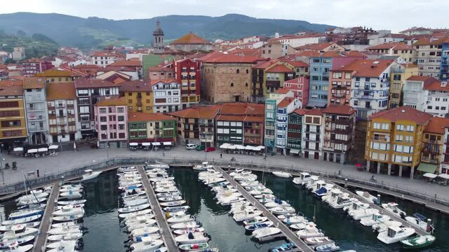 Aerial view of Bermeo famous fishing town in Basque country, Spain. High quality 4k footage
