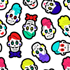 Vector illustration of seamless pattern with various multicolored traditional Mexican calaveras or sugar skulls for Day of Dead celebration on white background