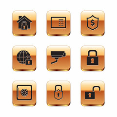 Set House under protection, Safe, Lock, Security camera, Global lockdown, Shield with dollar, Open padlock and icon. Vector