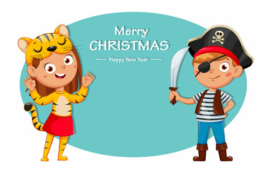 Boy in pirate costume and girl in costume of tiger