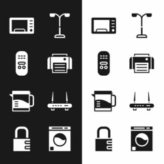 Set Printer, Remote control, Microwave oven, Street light, Electric kettle, Router and wi-fi signal, Washer and Safe combination lock icon. Vector