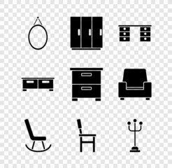 Set Mirror, Wardrobe, Office desk, Armchair, Chair, Coat stand, Chest of drawers and Furniture nightstand icon. Vector