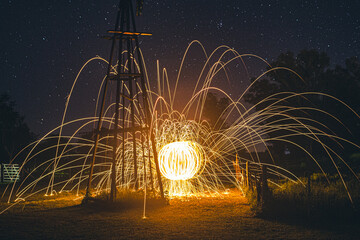 Incandescent steel lights set on fire. Fire sphere.