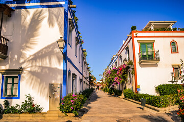 Spain, Gran Canaria, 18.09.2021: Streets of a popular tourist destination (Mogan) in Italian style 
