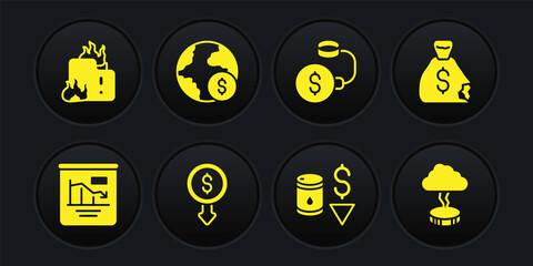 Set Pie chart infographic, Money bag, Dollar rate decrease, Drop crude oil price, Debt ball chained to coin, Global economic crisis, Storm and Fire burning house icon. Vector