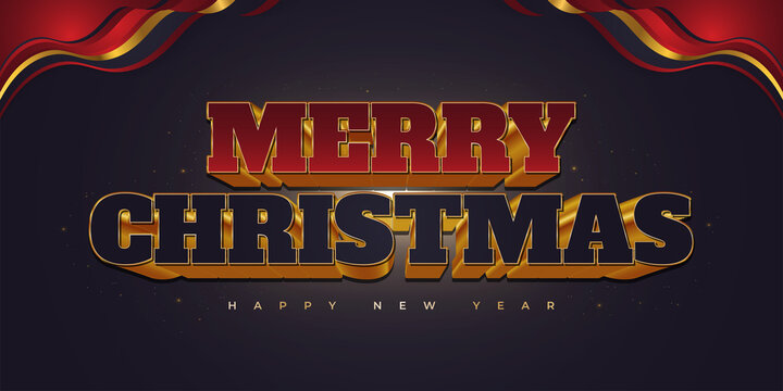 Merry Christmas And Happy New Year Text With Luxury 3D Lettering In Red, Blue And Gold. Merry Christmas Design For Banner, Poster, Or Greeting Card