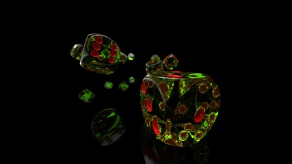 Fototapeta premium Rolling red-clear green dices under black background. Concept image of casino, stock trading and establishment, etc. 3D CG. 3D illustration. 3D high quality rendering.