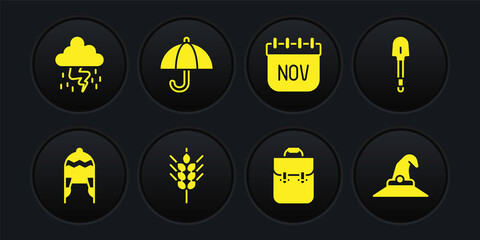 Set Winter hat, Shovel, Wheat, School backpack, November calendar autumn, Umbrella, Witch and Storm icon. Vector