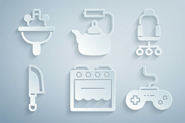 Set Oven, Office chair, Knife, Gamepad, Kettle with handle and Washbasin icon. Vector