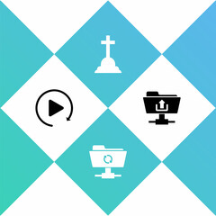 Set Video play button, FTP sync refresh, Tombstone with cross and folder upload icon. Vector