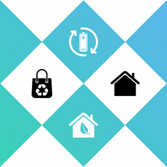 Set Shopping bag with recycle, Eco friendly house, Battery and House icon. Vector