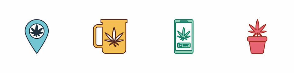 Set Location and marijuana, Cup tea with, Online buying and Marijuana plant pot icon. Vector