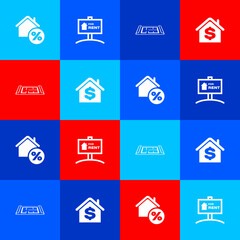 Set House with percant, Hanging sign For Rent, plan and dollar icon. Vector