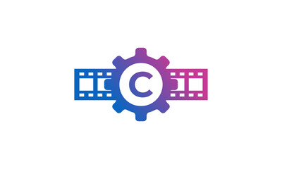 Initial Letter C Gear Cog Wheel with Reel Stripes Filmstrip for Film Movie Cinema Production Studio Logo Inspiration