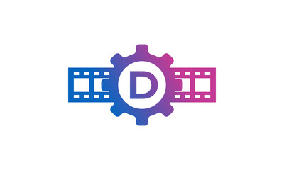 Initial Letter D Gear Cog Wheel with Reel Stripes Filmstrip for Film Movie Cinema Production Studio Logo Inspiration