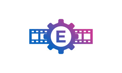 Fototapeta premium Initial Letter E Gear Cog Wheel with Reel Stripes Filmstrip for Film Movie Cinema Production Studio Logo Inspiration