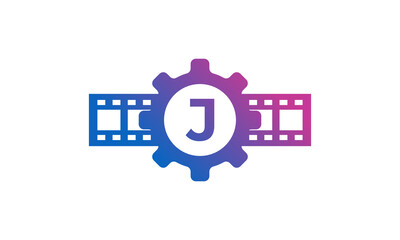 Initial Letter J Gear Cog Wheel with Reel Stripes Filmstrip for Film Movie Cinema Production Studio Logo Inspiration