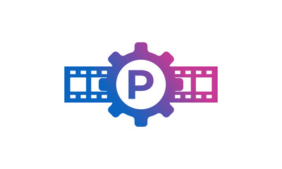 Initial Letter P Gear Cog Wheel with Reel Stripes Filmstrip for Film Movie Cinema Production Studio Logo Inspiration