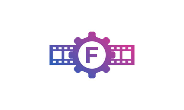 Initial Letter F Gear Cog Wheel with Reel Stripes Filmstrip for Film Movie Cinema Production Studio Logo Inspiration