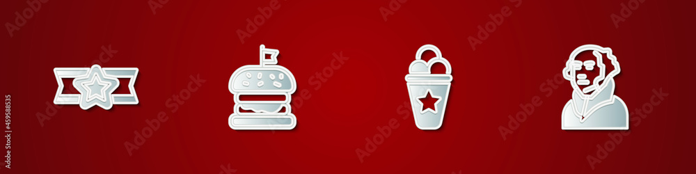 Sticker Set Star American military, Burger, Ice cream in waffle cone and George Washington icon. Vector