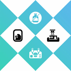 Set Airplane window, Aircraft steering helm, No alcohol and Airport control tower icon. Vector