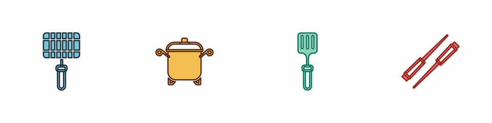 Set Barbecue steel grid, Cooking pot, spatula and Food chopsticks icon. Vector