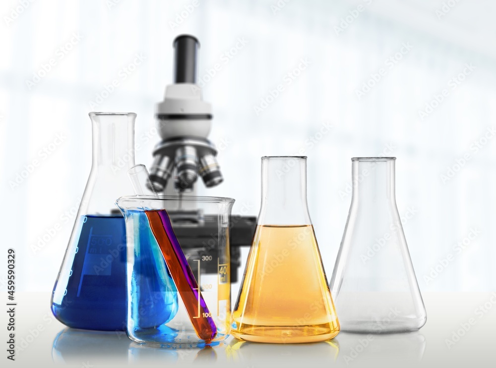 Wall mural Chemistry laboratory glassware, science laboratory research and development, flask, beaker, and test tubes