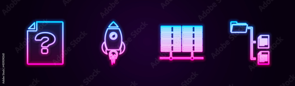 Poster set line unknown document, rocket ship with fire, server, data, web hosting and folder tree. glowing