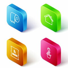 Set Isometric line Toilet paper roll, House, Bio fuel barrel and Electric saving plug in pot icon. Vector