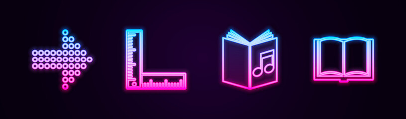 Set line Dots arrow, Folding ruler, Audio book and Open. Glowing neon icon. Vector