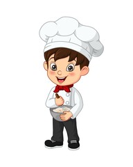 Cute little boy chef cook mixing ingredients in bowl