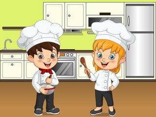 Cartoon little kids cooking in the kitchen