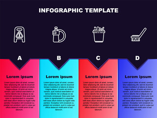 Set line Wet floor and cleaning in progress, Dishwashing liquid bottle plate, Bucket with soap suds and Brush for. Business infographic template. Vector