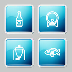 Set line Beer bottle, Wooden barrel on rack, brewing process and Dried fish icon. Vector