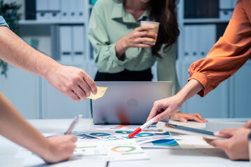 Close up hands of businessman and woman people group meeting in office