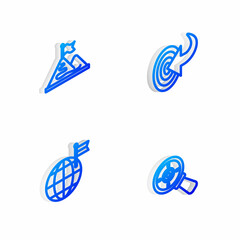 Set Isometric line Target, Mountains with flag, Planet and magnifying glass icon. Vector