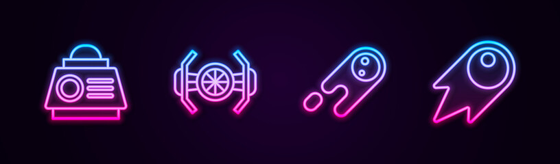 Set line Space capsule, Cosmic ship, Comet falling down fast and . Glowing neon icon. Vector