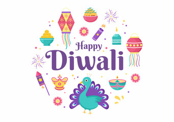 Happy Diwali Hindu Festival Background Vector Illustration with Lanterns, lighting Fireworks, Peacock and Mandala or Rangoli Art For Poster, Greeting Card Template