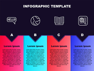 Set line Hello in different languages, Earth globe, Open book and Translator. Business infographic template. Vector