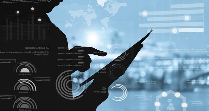 Data analysis concept. Business strategy. Peon with mobile communication.