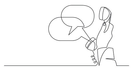 one line drawing of woman hand holding phone receiver with speech bubbles with copy space