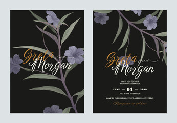Floral wedding invitation card template, ruellia tuberosa flowers and leaves on black