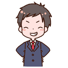 腰に手を当てニッと笑うサラリーマンの男性