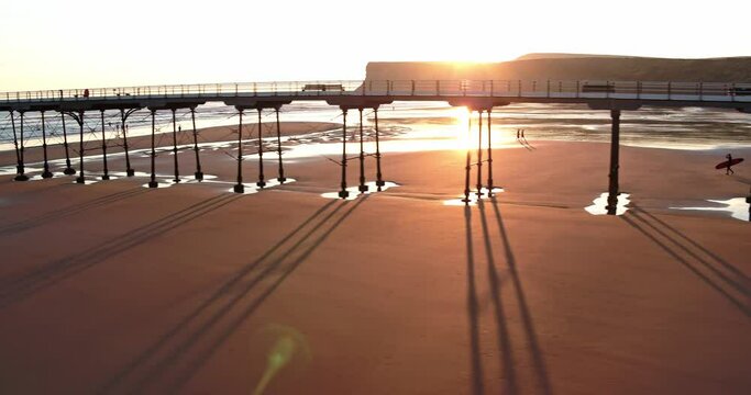 Saltburn By The Sea, Aerial Footage, DJI Inspire 2 &ndash; Clip 3, Movement: Beautiful dolly along length of pier at sunrise. North Yorkshire Moors and Heritage Coast, Cleveland, Teesside 4K 25FPS
